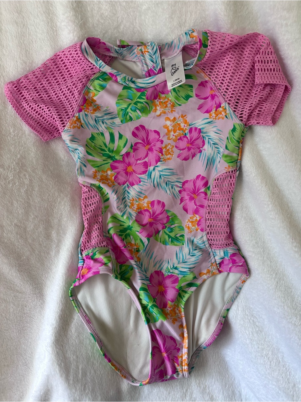 Girls Floral One-Piece Swimsuit with Pink Knit like Sleeves and Sides